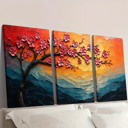 3pcs Textured Cherry Blossom Sunset  Wall Art Set Canvas Unframed - High Quality Print 100% Australian Made Wall Canvas