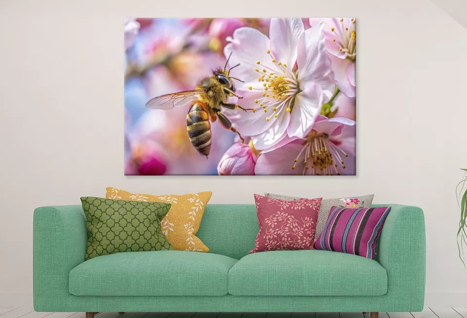 Vibrant Bee And Pink Flowers Wall Art Decor 100% Australian Made - Bella Home Decor