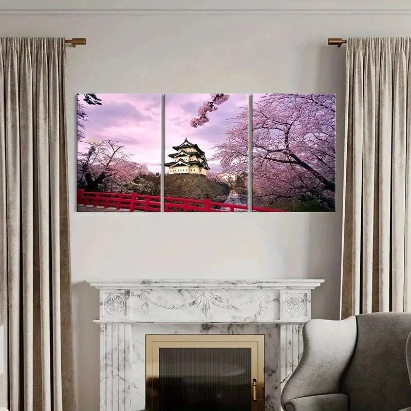 3pcs Hirosaki Castle Cherry Blossoms Wall Art Set Canvas Framed 60x90cm - High Quality Print 100% Australian Made Wall Canvas Ready to Hang