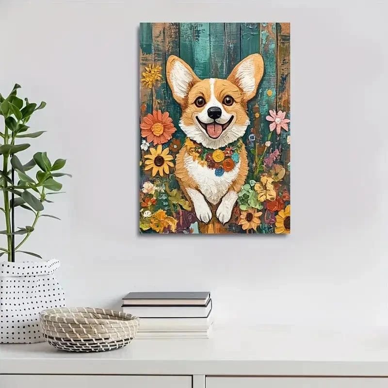 Adorable Corgi Dog with Flowers & Plants Painting 40x60cm Metal Print Ready to Hang - Bella Home Decor