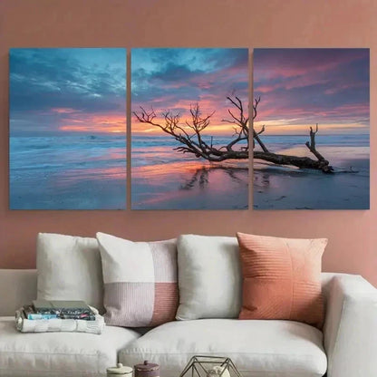 3pcs Tree Branch On The Beach At Dusk Perfect  Wall Art Set Canvas Framed 40x60cm - High Quality Print 100% Australian Made Wall Canvas Ready to Hang