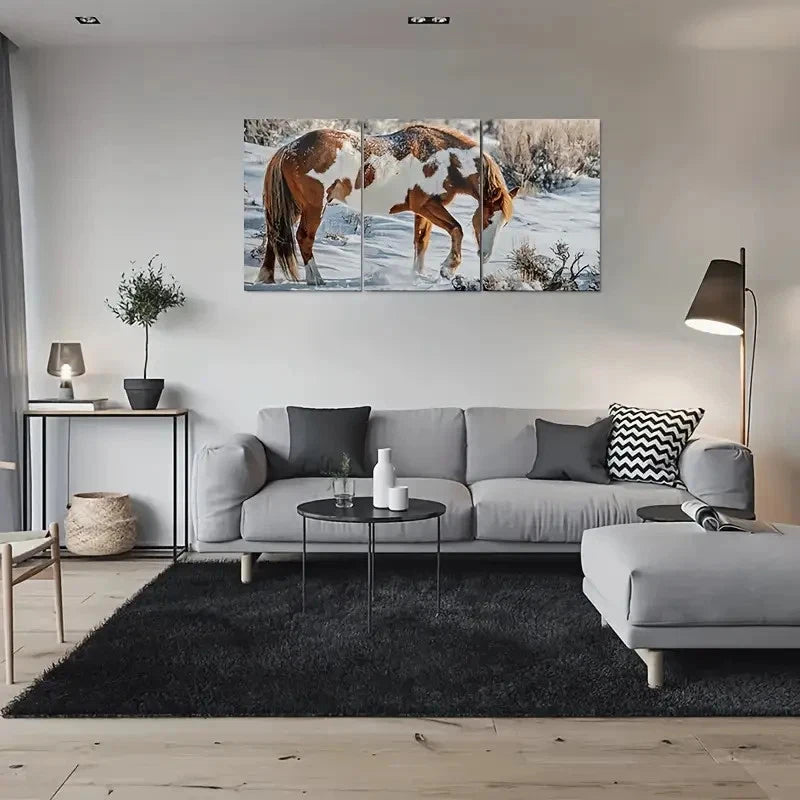 3pcs Snowy Winter Scene Horse Metal Print Ready to Hang Art