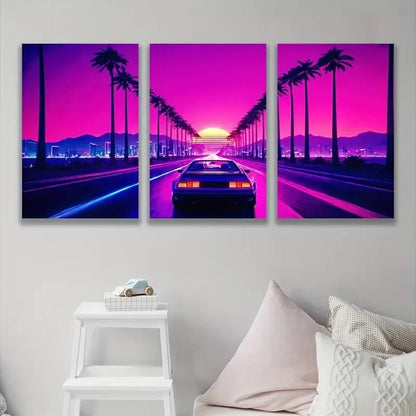 3pcs Retro Neon Sunset Drive Car Wall Art Set Canvas Framed 40x60cm - High Quality Print 100% Australian Made Wall Canvas Ready to Hang