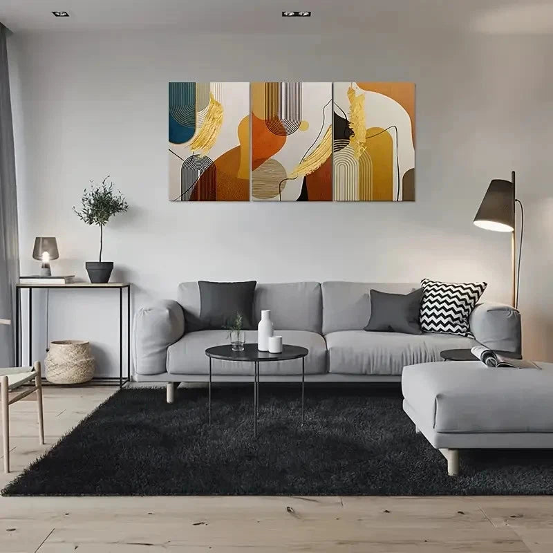 3pcs Geometric Black Lines Orange Metal Print Ready to Hang Art - Bella Home Decor