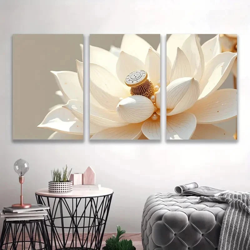 3pcs Lotus White Flowers Painting  Wall Art Set Canvas Framed 50x70cm - High Quality Print 100% Australian Made Wall Canvas Ready to Hang - Bella Home Decor