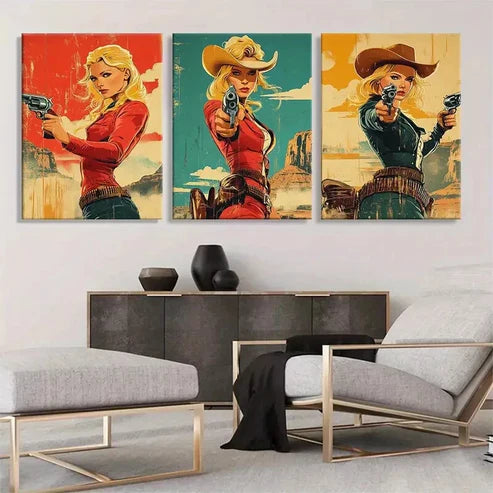 3pcs Retro Wild West Cowgirl Gunslinger Perfect Wall Art Canvas Unframed - High Quality Print 100% Australian Made Wall Canvas
