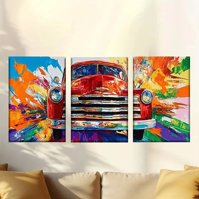 3pcs Red Truck with Colorful Paint Splatter 40x60cm - High Quality Print 100% Australian Made Wall Canvas Ready to Hang