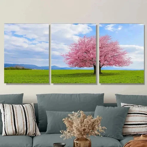 3pcs Cherry Blossom Tree Pink Green Wall Art Set Canvas Unframed - High Quality Print 100% Australian Made Wall Canvas - Bella Home Decor