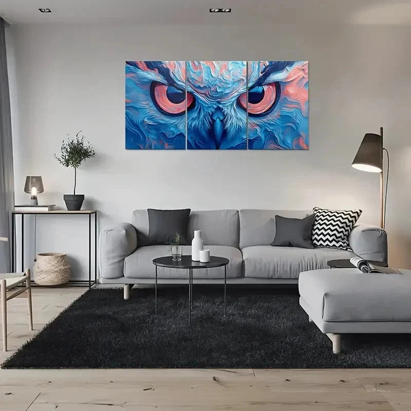 3pcs Abstract Owl Eyes Modern Blue & Pink Metal Print Ready to Hang Art - Bella Home Decor