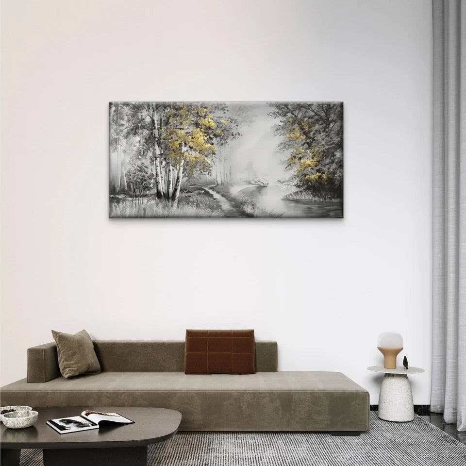 River Woods Forest Black White Wall Art Canvas Office Home Room Framed 120x60cm