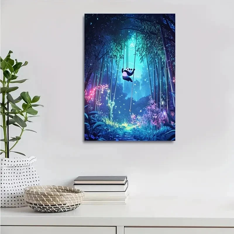 Panda Swing in Peaceful Bamboo Grove Painting 40x60cm Metal Print Ready to Hang