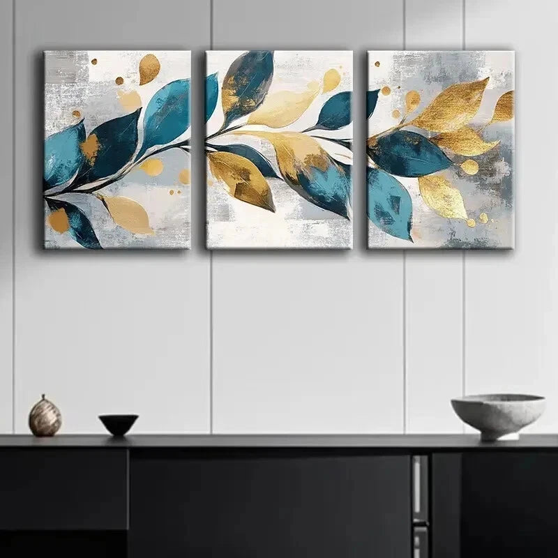 3pcs Abstract Leaves Golden And Teal Wall Art Set Canvas Framed 50x70cm - High Quality Print 100% Australian Made Wall Canvas Ready to Hang - Bella Home Decor
