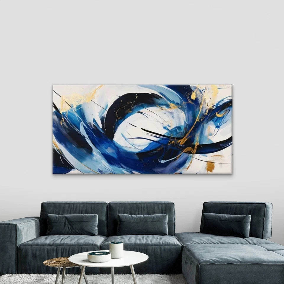 Blue White &Golden Swirl Design Wall Art Canvas Office Home Room Framed 120x60cm