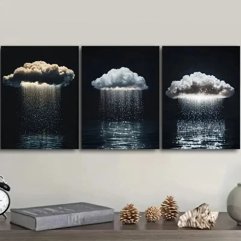 3pcs Featuring a Solitary Cloud with Rain Wall Art Set Canvas Unframed - High Quality Print 100% Australian Made Wall Canvas
