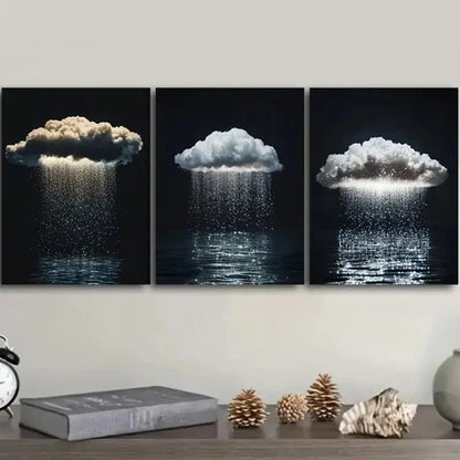 3pcs Featuring a Solitary Cloud with Rain Wall Art Set Canvas Unframed - High Quality Print 100% Australian Made Wall Canvas