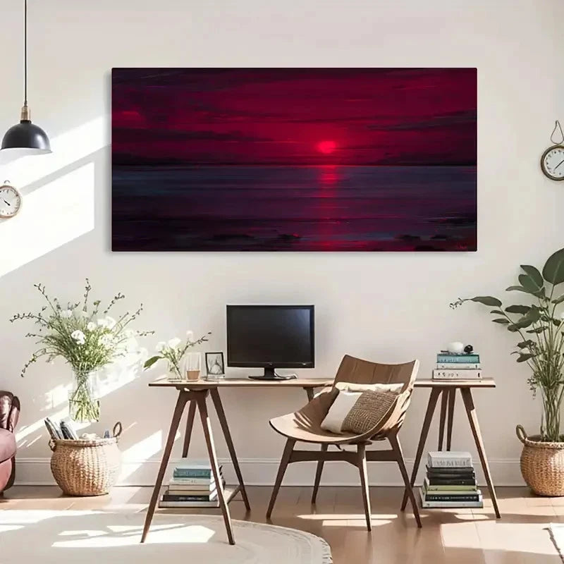 Sunset Neon Ocean Retro Wall Art Canvas Office Home Room Framed 120x60cm - Bella Home Decor