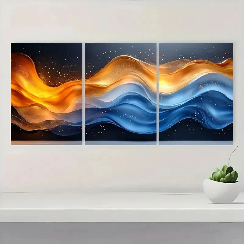 3pcs  Geometric Blue & Golden Smoke CS   Wall Art Set Canvas Framed 50x70cm - High Quality Print 100% Australian Made Wall Canvas Ready to Hang - Bella Home Decor