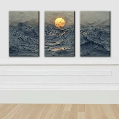 3pcs Abstract Ocean Waves And Sun Wall Art Set Canvas Framed 40x60cm - High Quality Print 100% Australian Made Wall Canvas Ready to Hang - Bella Home Decor