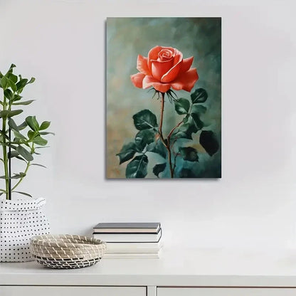 Vibrant Pink Rose with Green Leaves on Dark Painting 40x60cm Metal Print Ready to Hang - Bella Home Decor