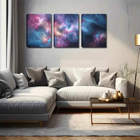 3pcs Pink Blue Yellow Flowing Smoke Abstract Wall Art Set Canvas Unframed - High Quality Print 100% Australian Made Wall Canvas