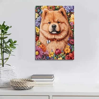 Cute Chow Chow Dog with Vibrant Floral Painting 40x60cm Metal Print Ready to Hang - Bella Home Decor