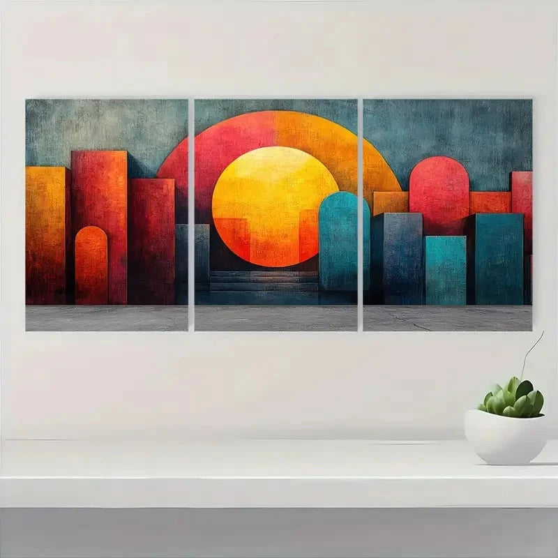 3pcs  Color Block Geometric Shapes CB Wall Art Set Canvas Framed 60x90cm - High Quality Print 100% Australian Made Wall Canvas Ready to Hang - Bella Home Decor