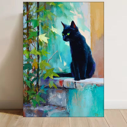 Black Cat in Spain with Green Leaves Metal Print Ready to Hang
