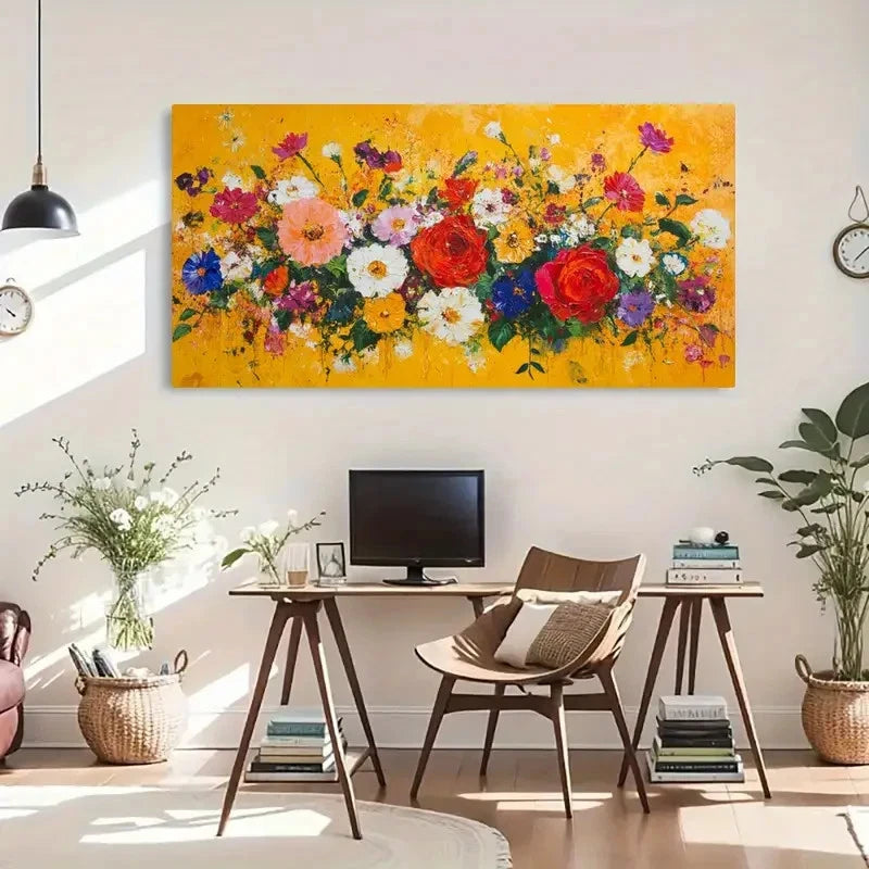 Bright Flowers Yellow Nature Wall Art Canvas Office Home Room Framed 120x60cm - Bella Home Decor