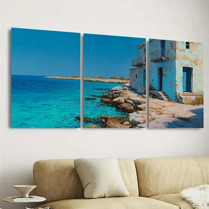 3pcs Seaside Coastal Turquoise Water, Cyprian Wall Art Set Canvas Framed 40x60cm - High Quality Print 100% Australian Made Wall Canvas Ready to Hang