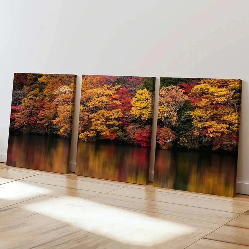 3pcs Red Yellow Trees On The Lake Bank Wall Art Set Canvas Framed 40x60cm - High Quality Print 100% Australian Made Wall Canvas Ready to Hang - Bella Home Decor
