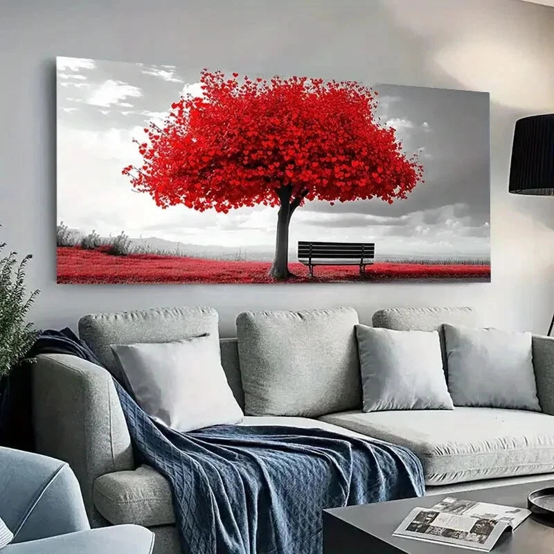 Vibrant Red Tree and Bench wall canvas office home room framed 120x60cm - Bella Home Decor