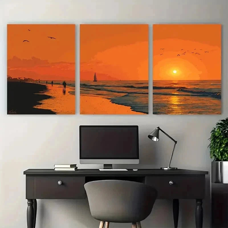 3pcs Ocean Sunset Sailboat & Birds Perfect Wall Art Set Canvas Framed 50x70cm - High Quality Print 100% Australian Made Wall Canvas Ready to Hang