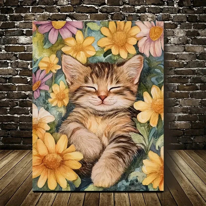 Cute Tabby Kitten with Vibrant Flowers Painting 40x60cm Metal Print Ready to Hang