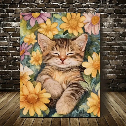 Cute Tabby Kitten with Vibrant Flowers Painting 40x60cm Metal Print Ready to Hang