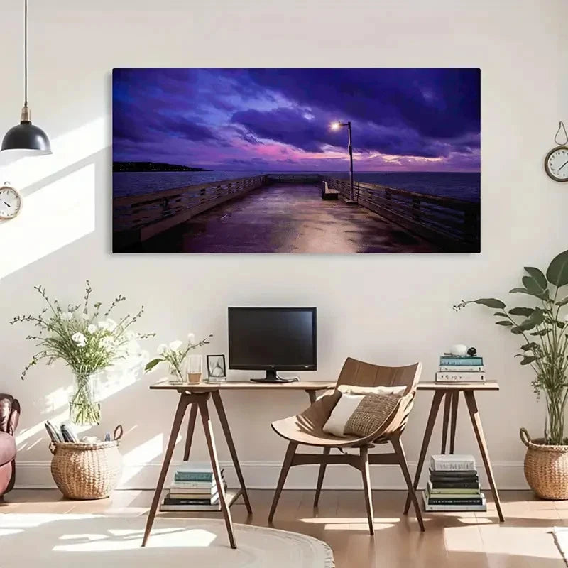 Seaside Dock Sunset Retro Wall Art Canvas Office Home Room Framed 120x60cm - Bella Home Decor