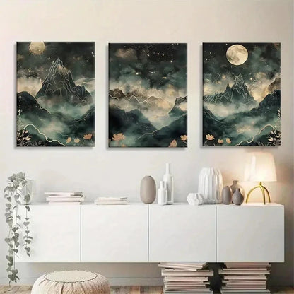 3pcs Mystical Mountain and Moonlit Metal Print Ready to Hang Art - Bella Home Decor
