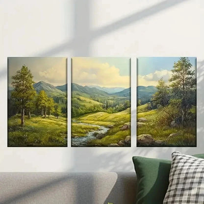 3pcs Mountain Scene with a Stream Wall Art Set Canvas Framed 50x70cm - High Quality Print 100% Australian Made Wall Canvas Ready to Hang