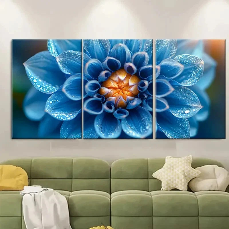 3pcs Cyan Blue Dahlia Flower Macro Perfect Wall Art Set Canvas Framed 40x60cm - High Quality Print 100% Australian Made Wall Canvas Ready to Hang