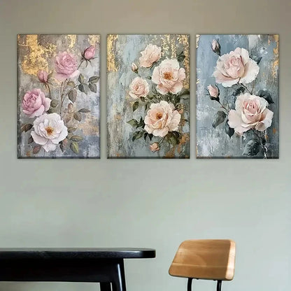 3pcs Elegant Pink Roses & Green Leaves Wall Art Set Canvas Framed 50x70cm - High Quality Print 100% Australian Made Wall Canvas Ready to Hang