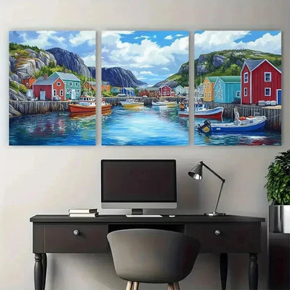 3pcs Trinity Harbor Newfoundland Fishing Wall Art Set Canvas Unframed - High Quality Print 100% Australian Made Wall Canvas
