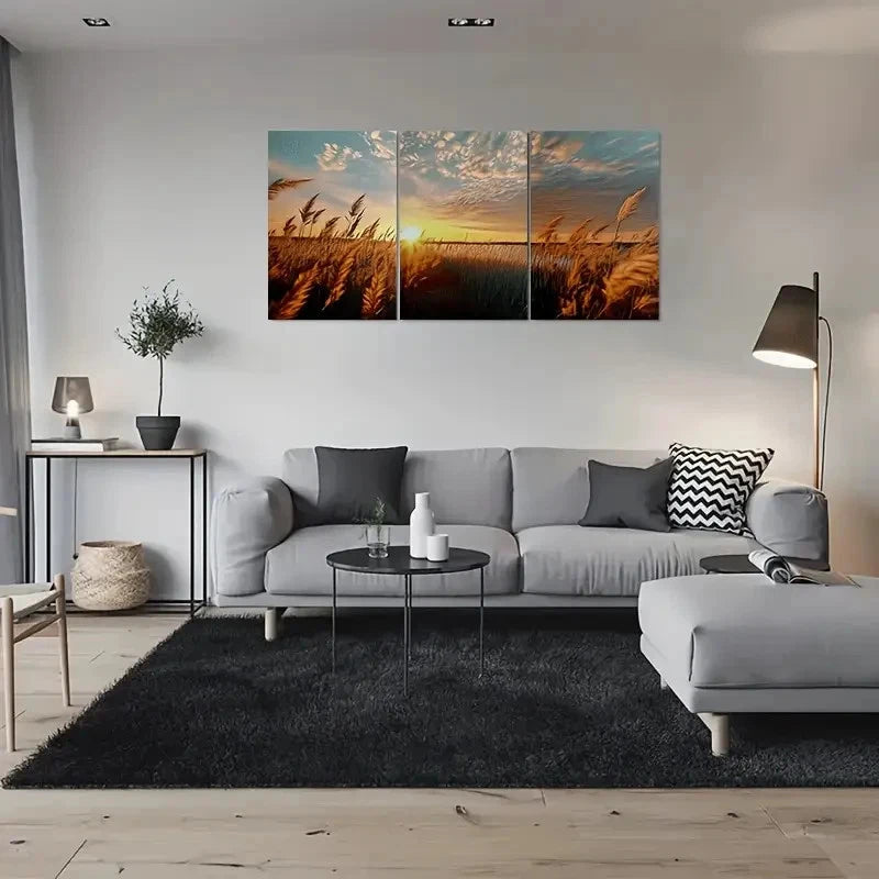 3pcs Golden Wheat Field Sunset Blue Sky Metal Print Ready to Hang Art - Bella Home Decor
