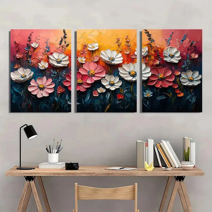 3pcs Pink Meadow & Wildflower Textured Perfect Wall Art Set Canvas Framed 40x60cm - High Quality Print 100% Australian Made Wall Canvas Ready to Hang - Bella Home Decor