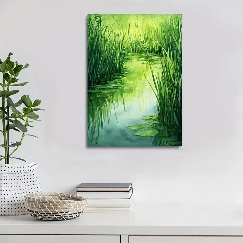 Green Water Grass Meadow Painting 40x60cm Metal Print Ready to Hang - Bella Home Decor