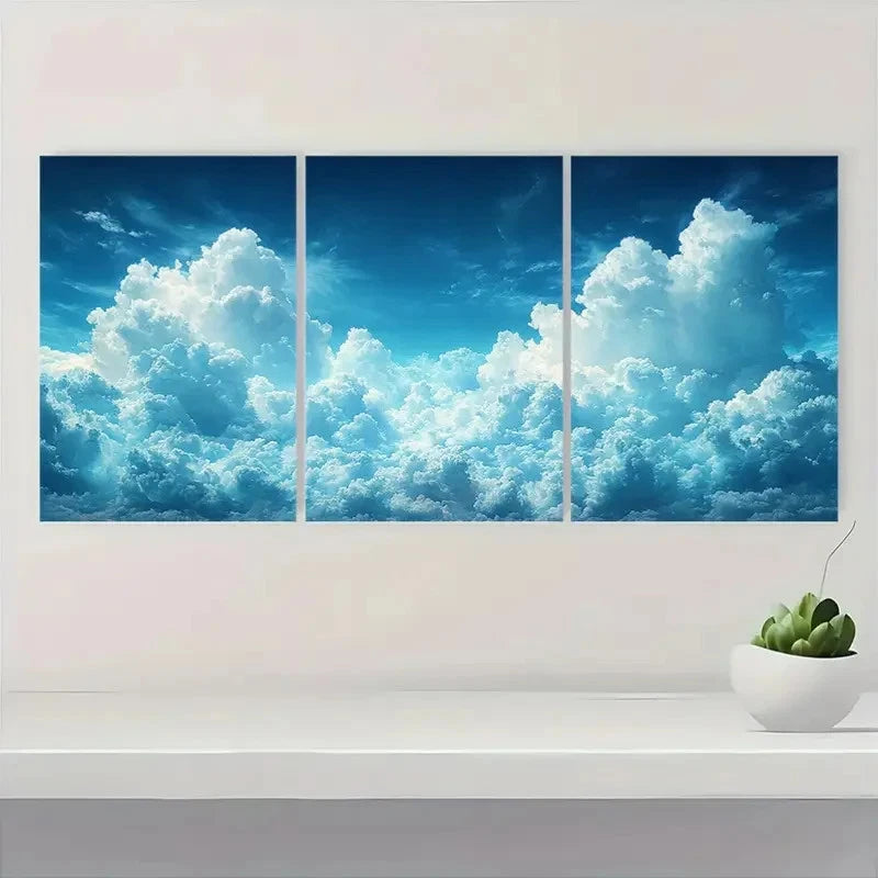 3pcs Blue Sky & Fluffy Clouds A    Wall Art Set Canvas Framed 50x70cm - High Quality Print 100% Australian Made Wall Canvas Ready to Hang - Bella Home Decor