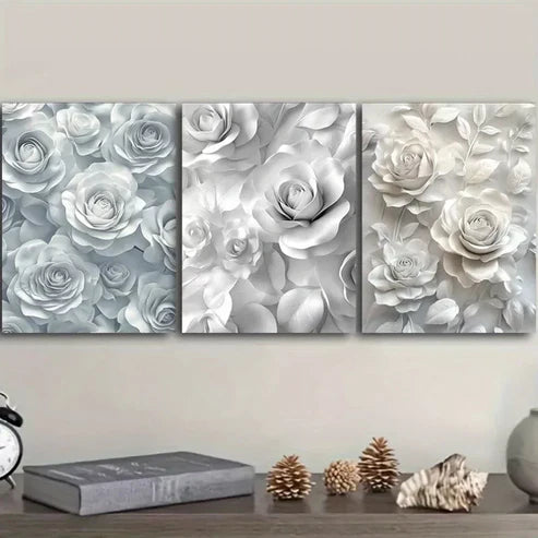 3 PCS White Roses Canvas Wall Art Set Canvas Unframed - High Quality Print 100% Australian Made Wall Canvas - Bella Home Decor