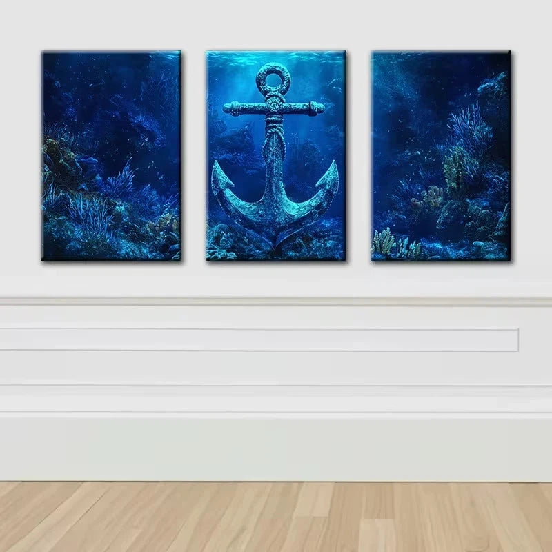 3pcs Anchor and Deep Sea Wall Art Set Canvas Framed 60x90cm - High Quality Print 100% Australian Made Wall Canvas Ready to Hang - Bella Home Decor