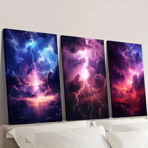 3pcs Abstract Purple and Blue Lightning Clouds Wall Art Canvas Unframed - High Quality Print 100% Australian Made Wall Canvas - Bella Home Decor