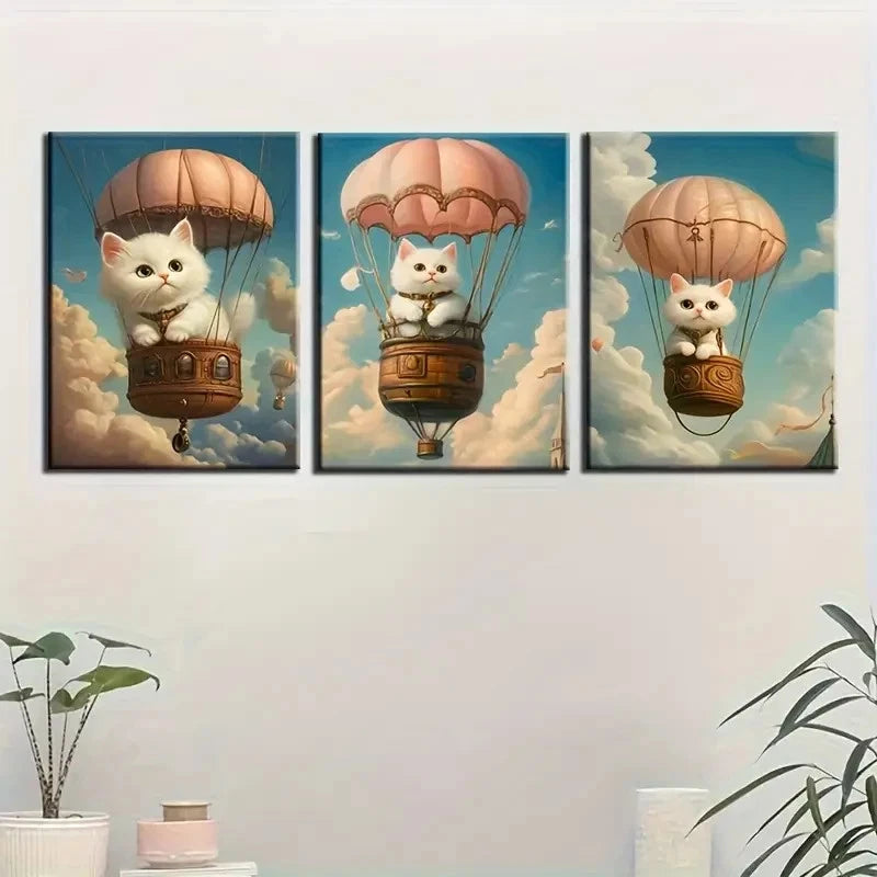 3pcs Cat in Hot Air Balloon Print Metal Print Ready to Hang Art - Bella Home Decor