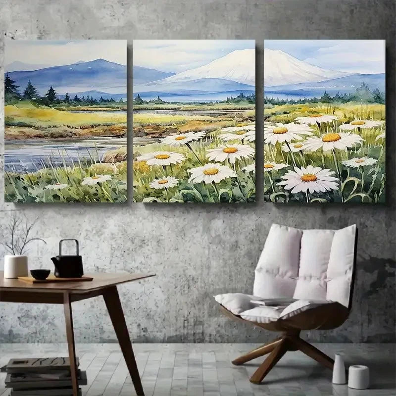 3pcs Daisies and Mount Fuji Scenic Metal Print Ready to Hang Art - Bella Home Decor