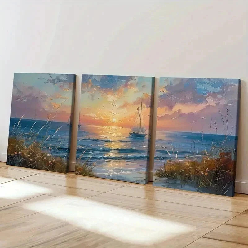3pcs Golden Hour Sky Calm Sea and Wildflowers Wall Art Set Canvas Framed 60x90cm - High Quality Print 100% Australian Made Wall Canvas Ready to Hang - Bella Home Decor